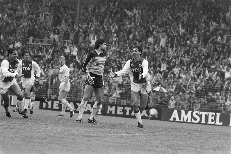 Van Basten celebrates his goal for Ajax against Feyenoord in 1983