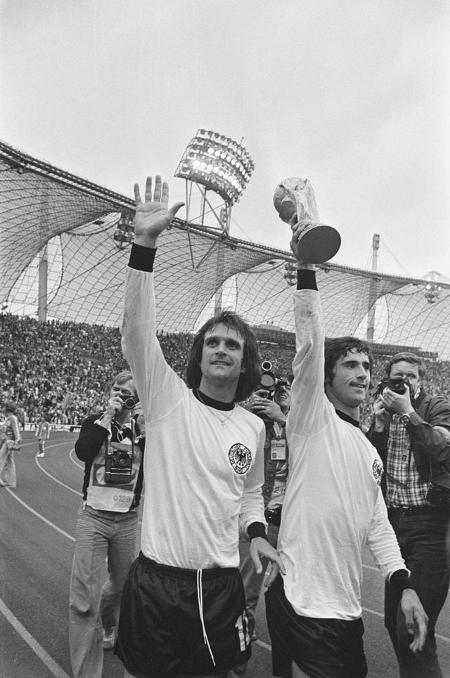 Gerd Müller (right) celebrating after winning the 1974 FIFA World Cup